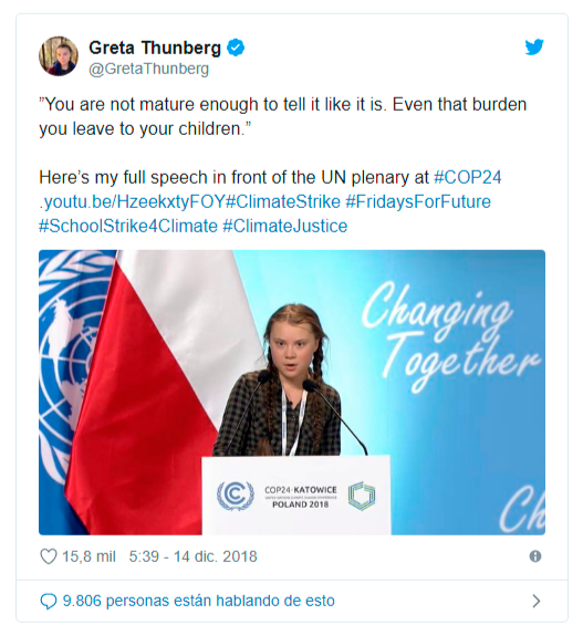 A screenshot of a Twitter post from climate activist, Greta Thunberg